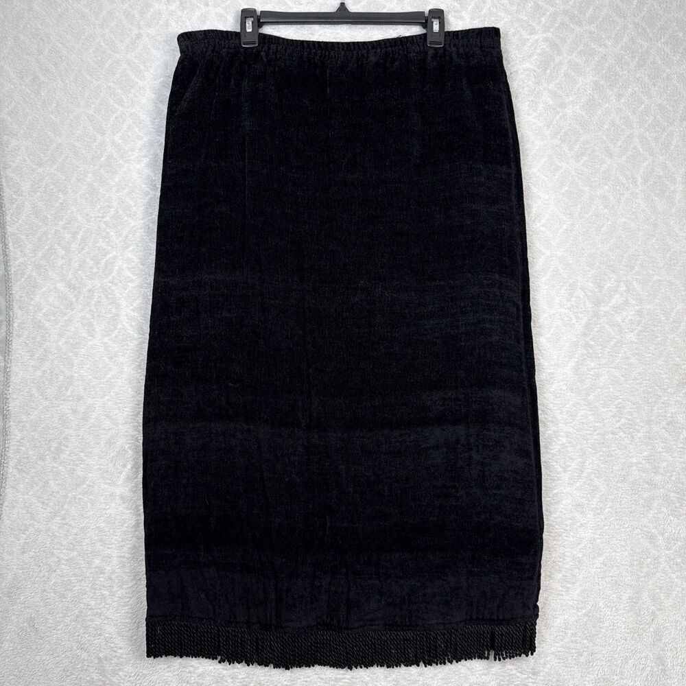 Vtg 90s Indigo Moon Chenille Maxi Skirt 1X Black Fringe Boho Hippie Whimsigoth